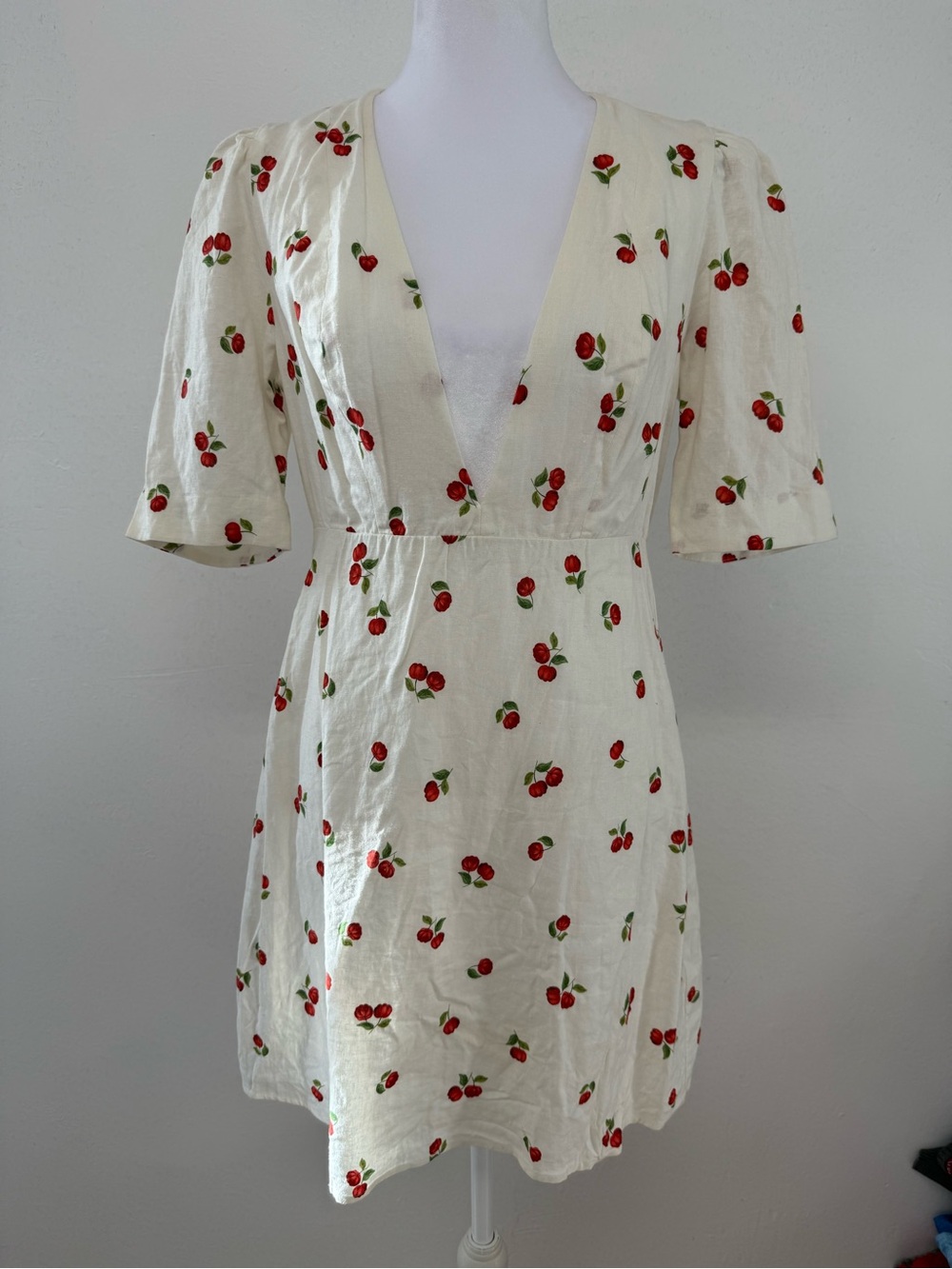 FARM Rio Cream Mini Dress with Red Cherry Print